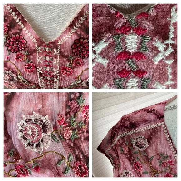 Sundance Gemi Pink Multi Tie Dye Floral Embroidered Dress Cupro Chiffon Size S - Picture 3 of 15